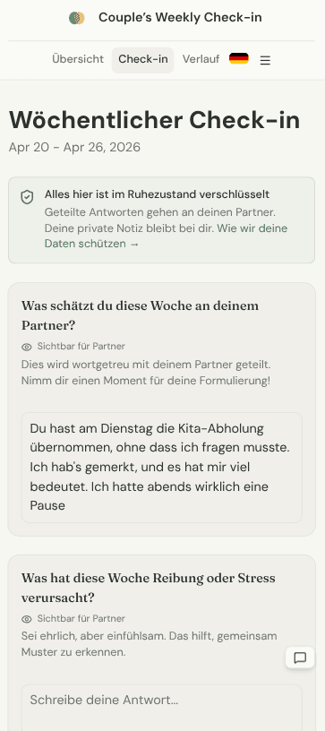 Alex' Smartphone mit den wöchentlichen Check-in-Fragen und seinen Antworten.