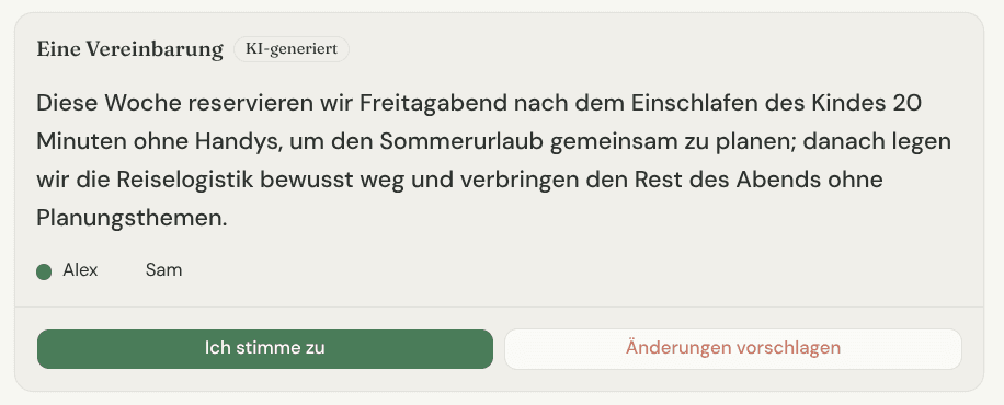 Nahaufnahme der gemeinsamen Vereinbarungs-Karte mit der einen Sache, auf die sich beide Partner für die Woche festgelegt haben.