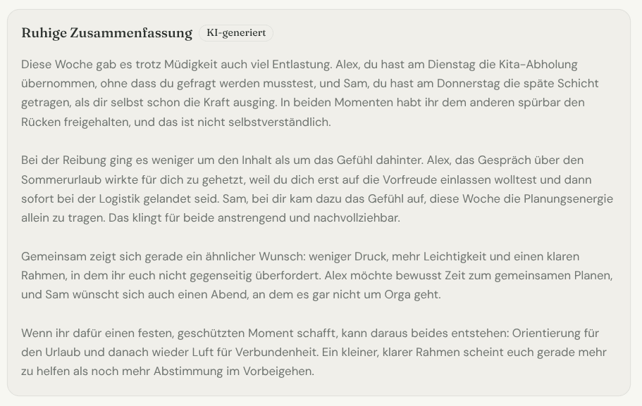 Gegenüberstellung der Antworten beider Partner nach Themen, mit einer hervorgehobenen gemeinsamen Vereinbarung.