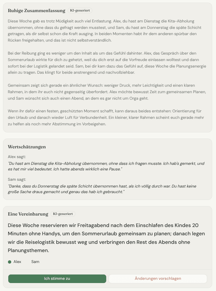Screenshot des Recap-Bildschirms mit den Antworten beider Partner und einer gemeinsamen Vereinbarung.