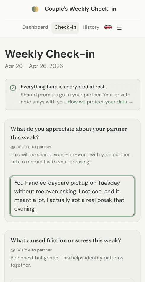 Alex's phone showing the weekly check-in prompts with their typed answers.