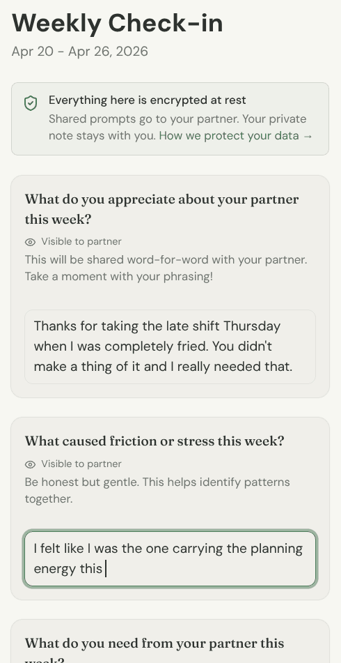 Sam's phone showing the weekly check-in prompts with their typed answers.