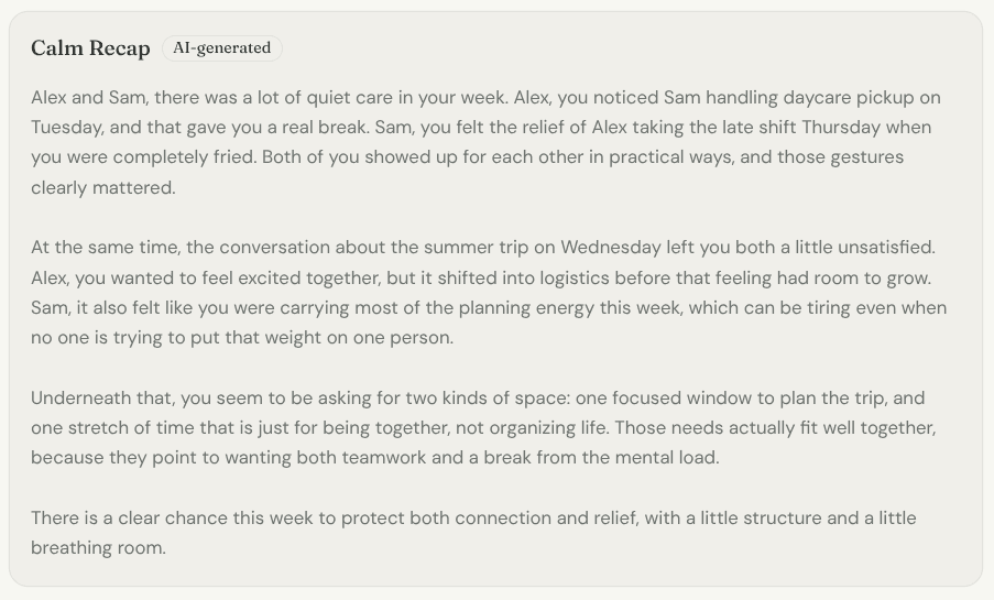 Side-by-side recap of both partners' answers grouped by theme, with one shared agreement highlighted.
