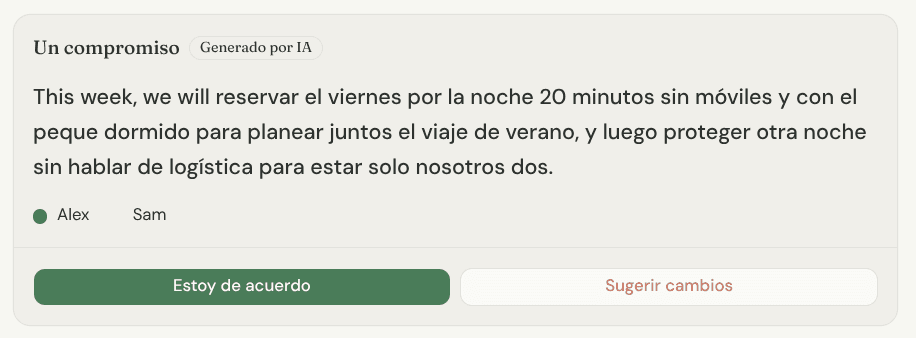 Primer plano de la tarjeta de acuerdo compartido con lo único en lo que ambos miembros de la pareja se comprometieron para la semana.
