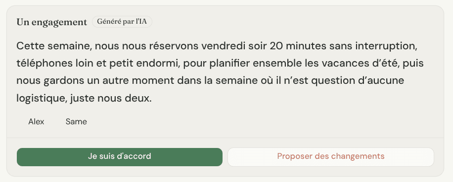 Gros plan sur la carte d'accord commun avec la chose sur laquelle les deux partenaires se sont engagés pour la semaine.