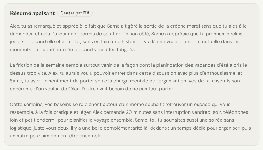 Récap côte à côte des réponses des deux partenaires regroupées par thème, avec un accord commun mis en évidence.